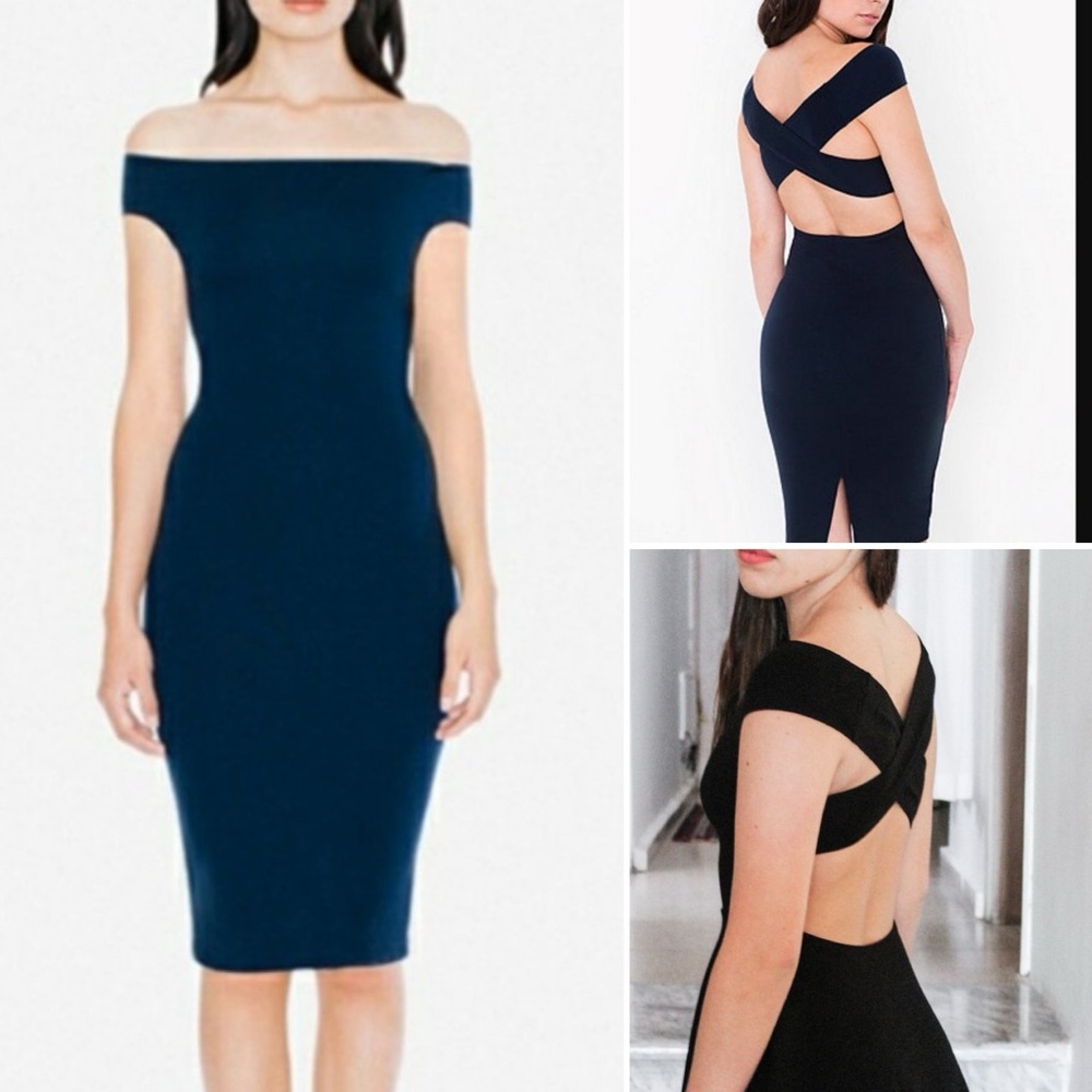 American Apparel Ponte Off Shoulder Cross Back Dress in Ink Blue Women's Large